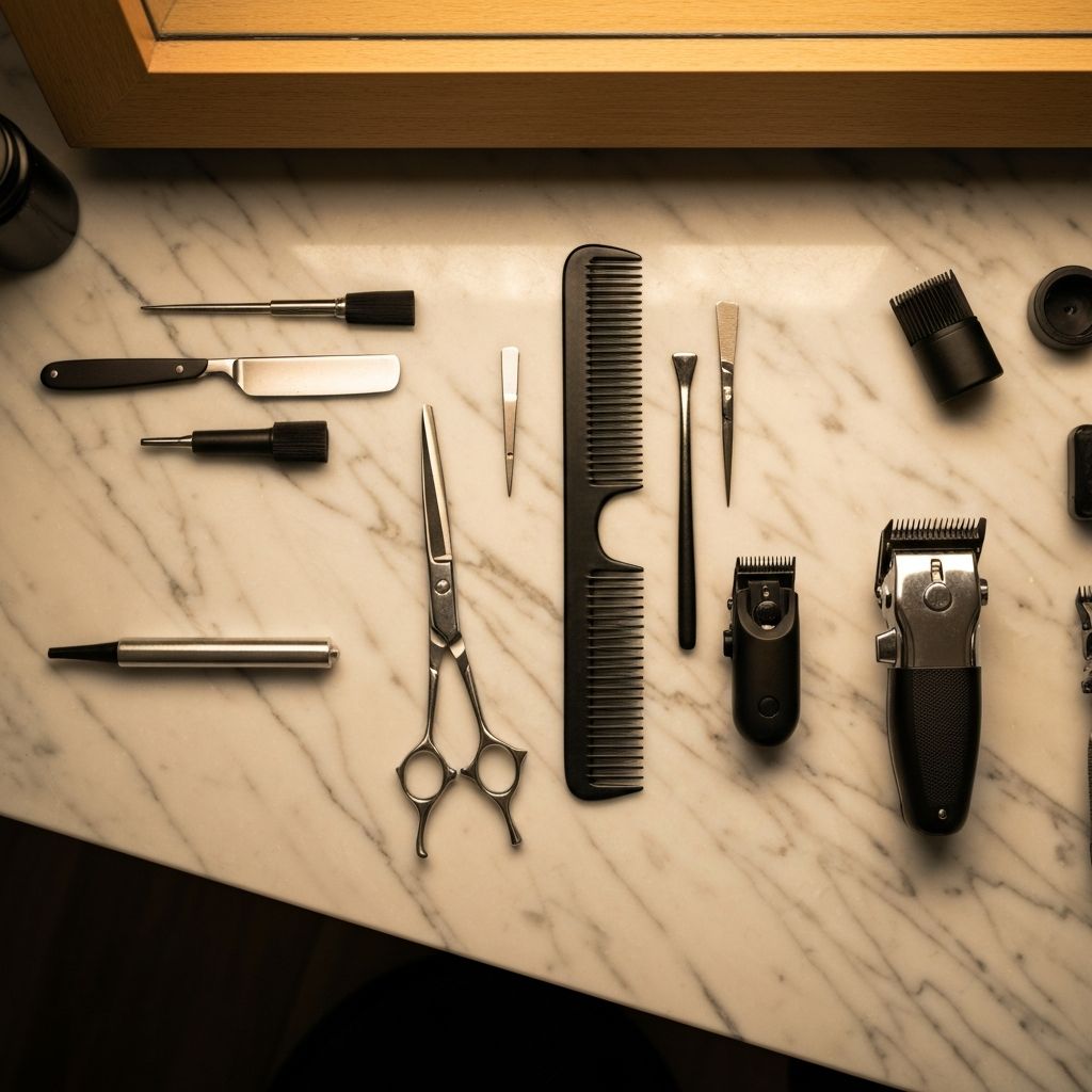Professional barber tools including straight razor, scissors, and comb neatly arranged on a counter